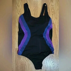 Lands’ End Black with Blue & Purple Stripe One Piece Size 24W/L